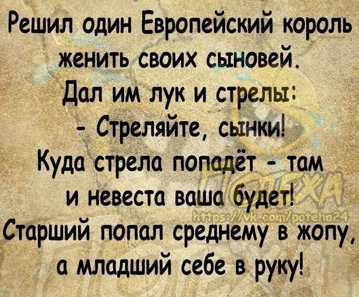 Решил один Европейский король женить своих сыновей Дал им лук и стрелы Стреляйте сынки Куда стрела попадёт там _ и невеста ваша буд Старший попал среднёму жопу а младший себе в руку