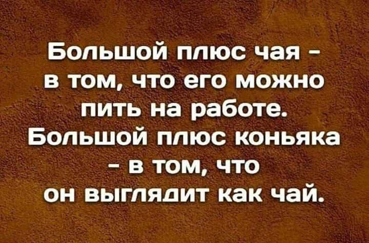 Большой ппюс чая в том что его можно пить на работе Большой ппюс коньяка в том что он выглядит как чай