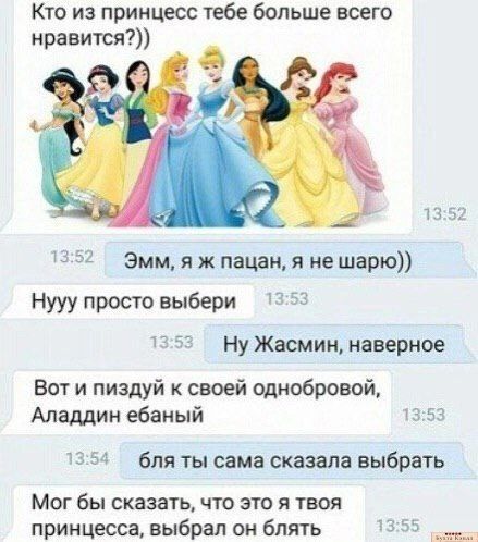 Кто из принцесс тебе больше всего нравится Эмм я ж пацан я не шарю Нууу просто выбери ну Жасмин наверное Вот и пиздуй своей одноброной Аладдин ебаный Ем бля ты сама сказала выбрать Мы бы сказать что это я тоя принцесса выбрал он блять