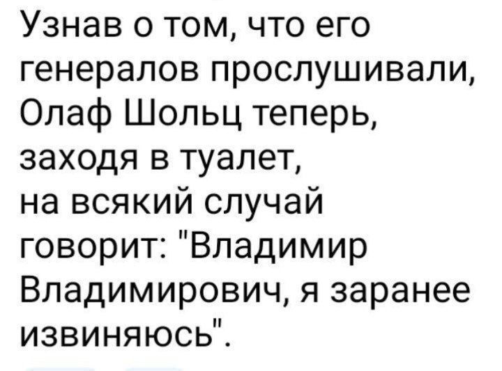 Узнав о том что его генералов прослушивали Олаф Шопьц теперь заходя в туалет на всякий случай говорит Владимир Владимирович я заранее извиняюсь