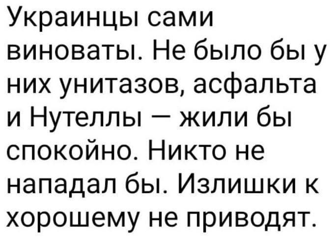 Украинцы сами виноваты Не было бы у них унитазов асфальта и Нутеллы жили бы спокойно Никто не нападал бы Излишки к хорошему не приводят