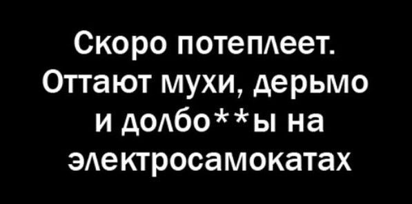 Скоро потеплеет Оттают мухи дерьмо и д0Абоы на ЭАектросамокатах