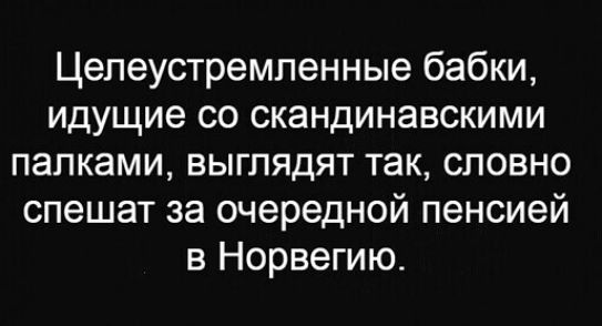 Цепеустремпенные бабки идущие со скандинавскими палками выглядят так словно спешат за очередной пенсией в Норвегию