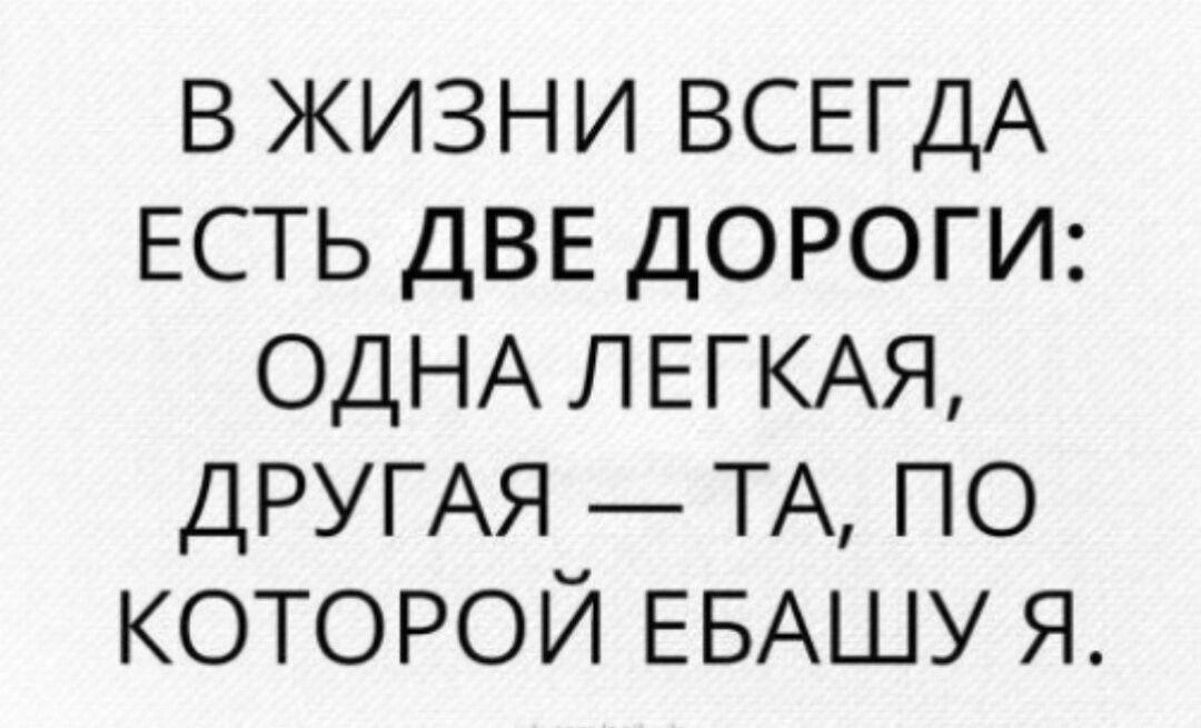 В ЖИЗНИ ВСЕГДА ЕСТЬ ДВЕ ДОРОГИ ОДНА ЛЕГКАЯ ДРУГАЯ ТА ПО КОТОРОЙ ЕБАШУ Я
