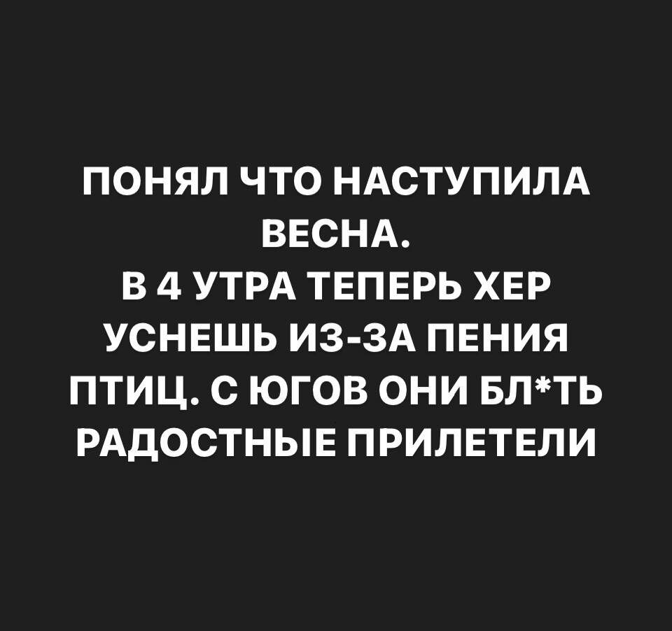 ПОНЯЛ ЧТО НАСТУПИЛА ВЕСНА В 4 УТРА ТЕПЕРЬ ХЕР УСНЕШЬ ИЗ ЗА ПЕНИЯ ПТИЦ с ЮГОВ ОНИ БЛТЬ РАДОСТНЫЕ ПРИЛЕТЕЛИ