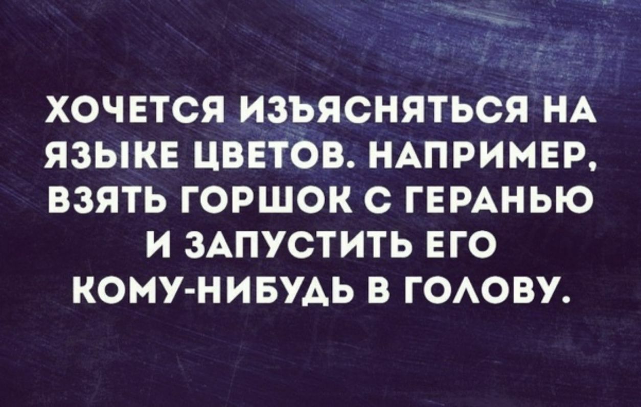 ХОЧЕТСЯ ИЗЬЯСНЯТЬСЯ НА ЯЗЫКЕ ЦВЕТОВ НАПРИМЕР ВЗЯТЬ ГОРШОК С ГЕРАНЫО И ЗАПУСТИТЬ ЕГО КОМУ НИБУАЬ В ГОАОВУ