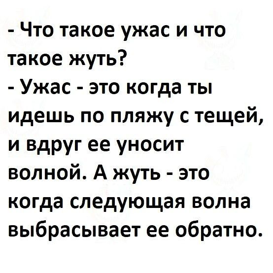 Что такое ужас и что такое жуть Ужас это когда ты идешь по пляжу с тещей и вдруг ее уносит волной А жуть это когда следующая волна выбрасывает ее обратно