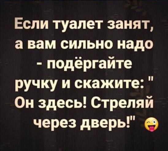 Если туалет занят а вам сильно надо подёргайте ручку и скажите Он здесь Стреляй через дверь 9