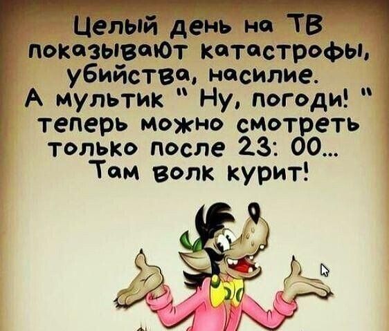 Целый день на показывіаЮТ катастрофы убийстве насилие А мультик Ну погоди теперь можно смот еть только после 23 0 Том волк курит