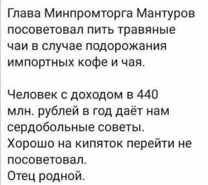 Глава Минпромторга Мантуров посоветовал пить травяные чаи в случае подорожания импортных кофе и чая Человек с доходом в 440 млн рублей в год даёт нам сердобольные советы Хорошо на кипяток перейти не посоветовал Отец родной