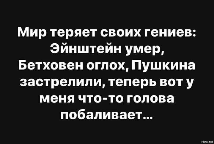 Мир теряет своих гениев Эйнштейн умер Бетховен оглох Пушкина застрелили теперь вот у меня что то голова побаливает