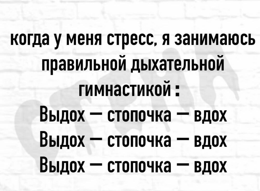 когда у меня стресс я занимаюсь правильной дыхательной гимнастикой Выдох стопочка вдох Выдох стопочна вдох Выдох стопочка вдох