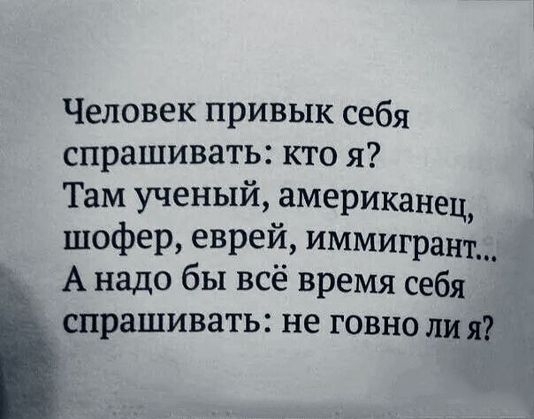 Человек привык себя спрашивать кто я Там ученый американец шофер еврей иммигранд А надо бы всё время себя спрашивать не говно ли я