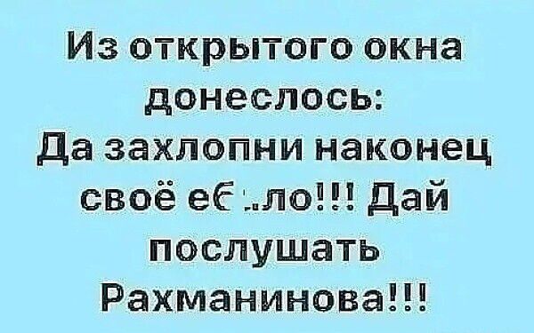 Из открытого окна донеслось да захлопни наконец своё еёло Дай послушать Рахманинова