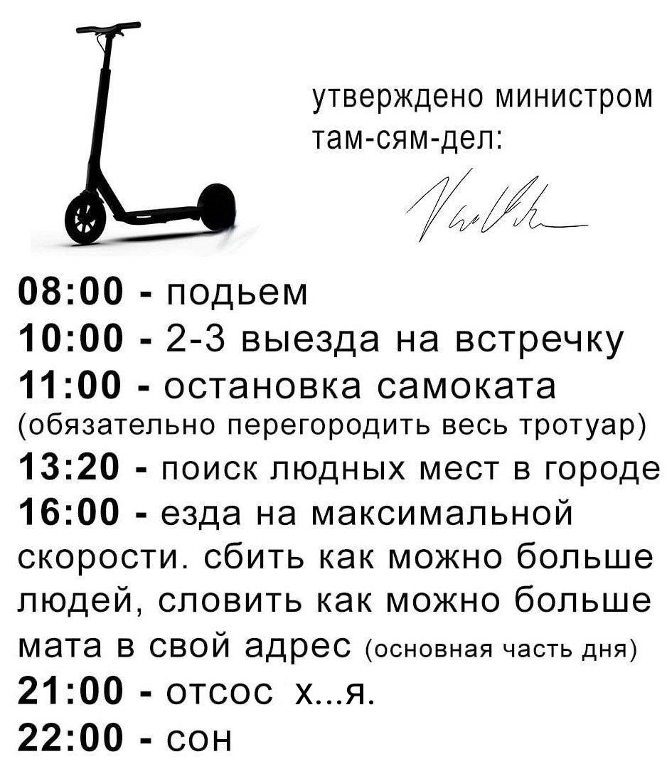 УТЕЭрЖДЕНО МИНИСТрОМ ТЭМ СЯМ ДЭП 0800 подьем 1000 23 выезда на встречку 1100 остановка самоката обязательно перегородить весь тротуар 1320 поиск людных мест в городе 1600 езда на максимальной скорости сбить как можно больше людей словить как можно больше мата в свой адрес основная часть дня 2100 отсос хя 2200 сон