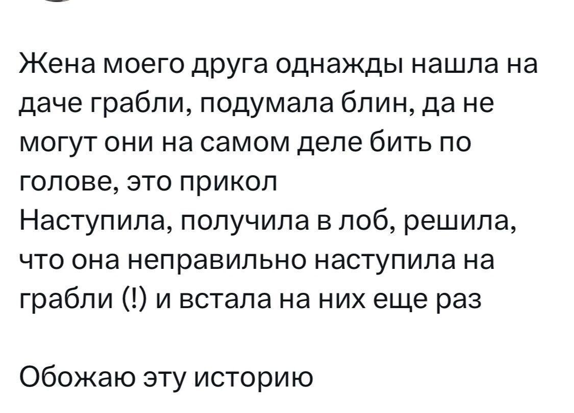 Жена моего друга однажды нашла на даче грабли подумала блин да не могут они на самом деле бить по голове это прикол Наступила получила в лоб решила что она неправильно наступила на грабли и встала на них еще раз Обожаю эту историю