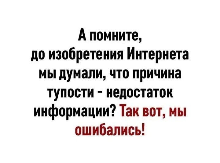А помните до изобретения Интернета мы думали что причина тупости недостаток информации Так вот мы ошибались