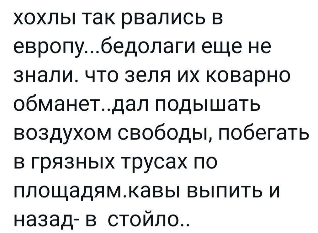 хохлы так рвались в европубедолаги еще не знали что зеля их коварно обманетдал подышать воздухом свободы побегать в грязных трусах по площадямкавы выпить и назад в стойло