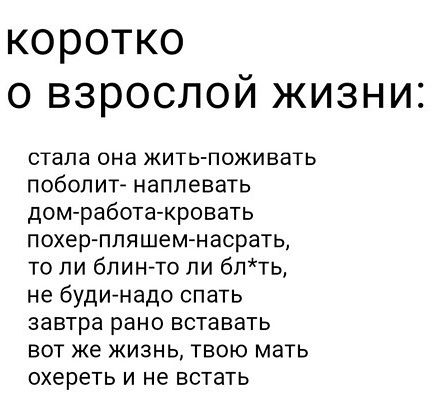 КОРОТКО О ВЗРОСЛОЙ ЖИЗНИ стала она ЖИТЬ ПОЖИВЕТЬ ПОбОПИТ наплевать дом работа кровать похер пляшем насрать то ли бпинчо пи блть не буди надо спать ЗЗВТрЭ рано вставать вот же жизнь твою мать охереть и не встать