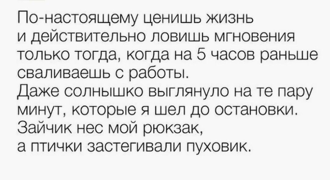 Понастоящему ценишь жизнь и действительно ловишь мгновения только тогда когда на 5 часов раньше сваливаешь с работы Даже солнышко выглянуло на те пару минут которые я шел до остановки Зайчик нес мой рюкзак а птички застегивапи пуховик