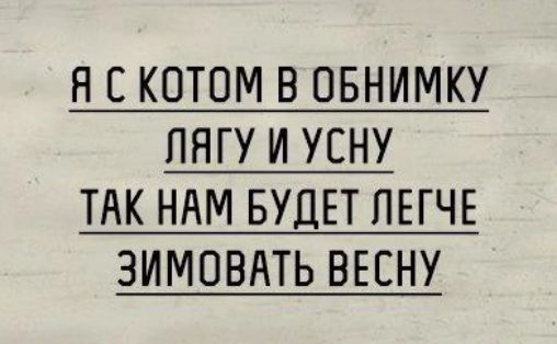 Н С КОТОМ В ОБНИМКУ ЛЯГУ И УСНУ ТАК НАМ БУДЕТ ПЕГЧЕ ЗИМОВАТЬ ВЕСНУ