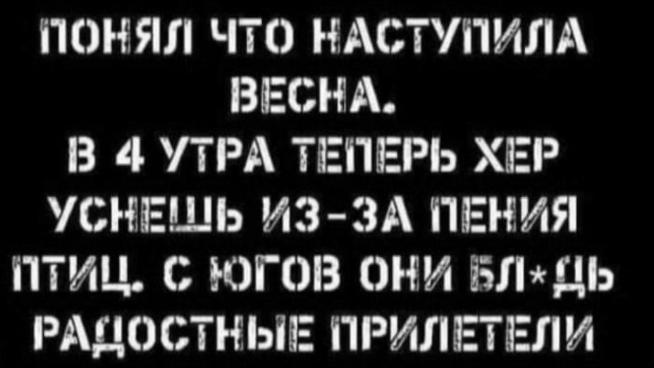 ПОНЯЛ ЧТО НАСТУПИЛА ВЕСНА В 4 УТРА ТЕПЕРЬ ХЕР УСНЕШЬ ИЗ ЗА ПЕНИЯ ПТИЦ С ЮГОВ ОНИ ВИЧ РАДОСТНЫЕ ПРИЛЕТЕЛИ