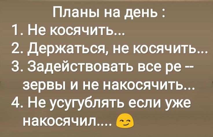 Планы на день 1 Не косячить 2 Держаться не косячить 3 Задействовать все ре зервы и не накосячить 4 Не усугублять если уже накосячил