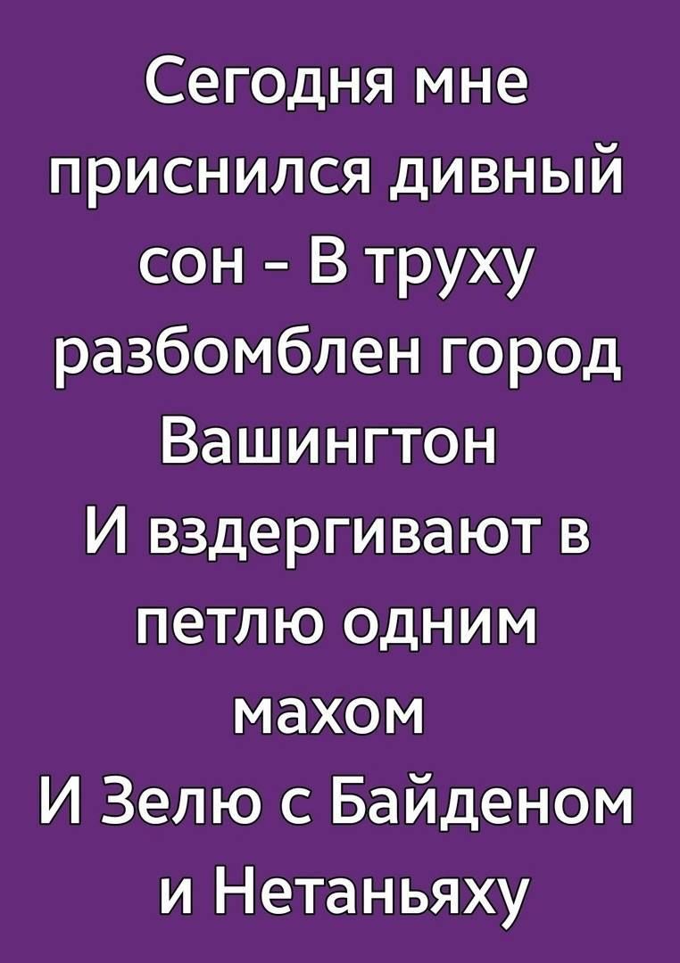 Сегодня мне приснился дивный сон В труху разбомбпен город Вашингтон И вздергивают в петлю одним махом И Зепю с Байденом и Нетаньяху