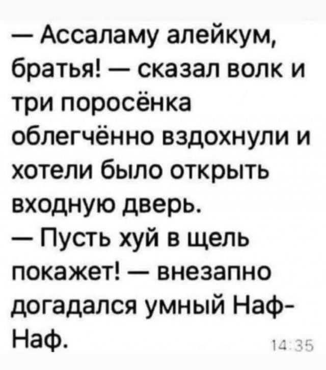 Ассаламу алейкум братья сказал волк и три поросёнка облегчённо вздохнули и хотели было открыть входную дверь Пусть хуй в щель покажет внезапно догадался умный Наф Наф