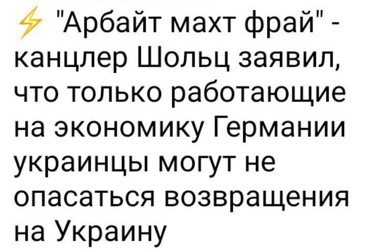 Арбайт махт фрай канцлер Шольц заявил что только работающие на экономику Германии украинцы могут не опасаться возвращения на Украину