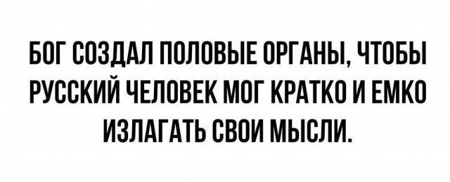 БОГ СОЗДАЛ ПОЛОВЫЕ ОРГАНЫ ЧТОБЫ РУССКИЙ ЧЕЛОВЕК МОГ КРАТКО И ЕМКО ИЗЛАГАТЬ СВОИ МЫСЛИ