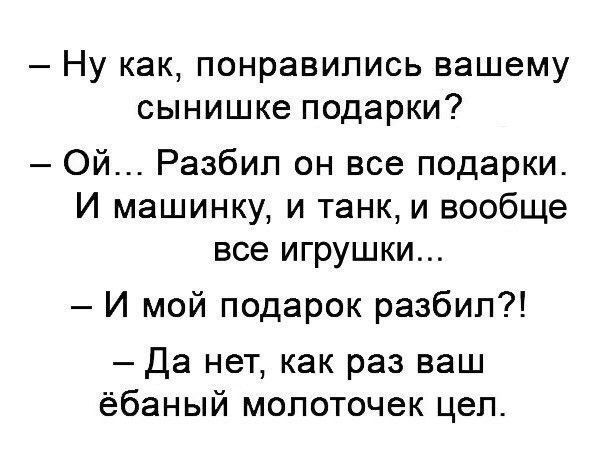 Ну как понравились вашему сынишке подарки Ой Разбип он все подарки И машинку и танк и вообще все игрушки И мой подарок разбил Да нет как раз ваш ёбаный молоточек цеп