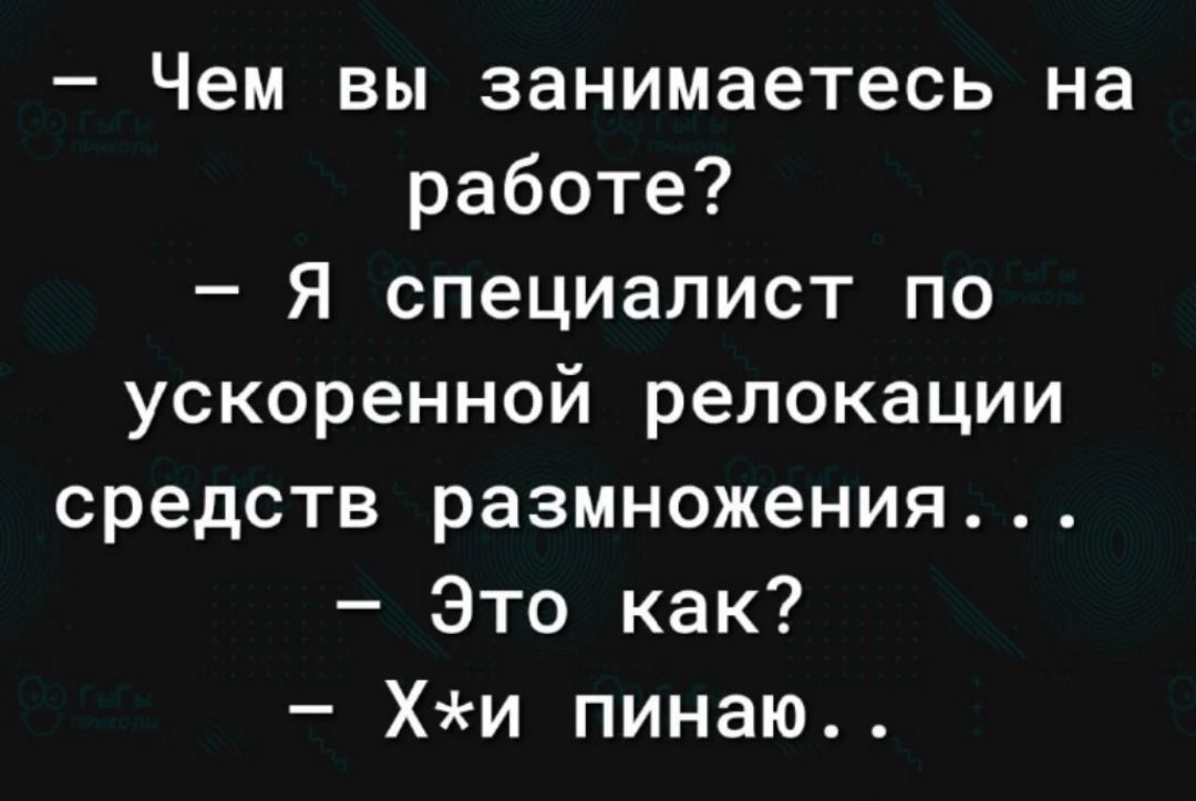 Чем вы занимаетесь на работе Я специалист по ускоренной релокации средств размножения Это как Хи пинаю