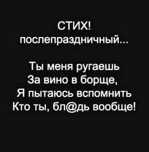 СТИХ послепраздничный Ты меня ругаешь За вино в борще Я пытаюсь вспомнить Кто ты блдь вообще