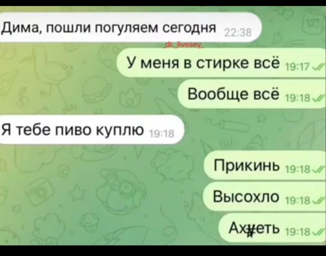 Дима пошли погуляем сегодня У меня в стирке все Вообще все Я тебе пиво куплю Прикинь Высохпо Ащеть _