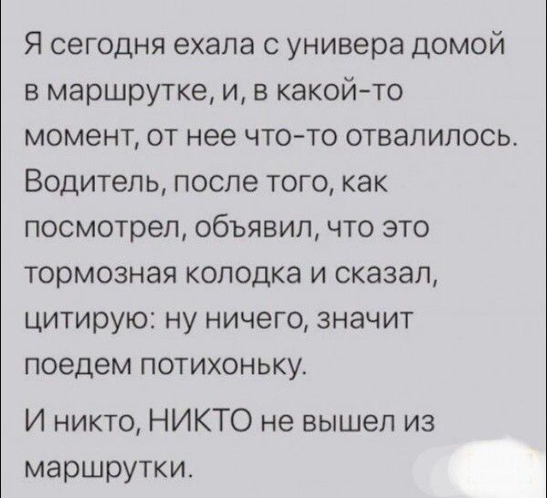 Я сегодня ехала с универа домой в маршрутке и в какойто момент от нее чтото отвалилось Водитель после того как посмотрел объявил что это тормозная колодка и сказал цитирую ну ничего значит поедем потихоньку И никто НИКТО не вышел из маршрутки