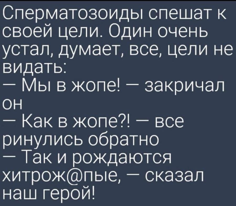 Сперматозоиды спешат к своей цели Один очень устал думает все цели не видать Мы в жопе закричал он Как в жопе все ринулись обратно Так и рождаются хитрожпые сказал наш герой