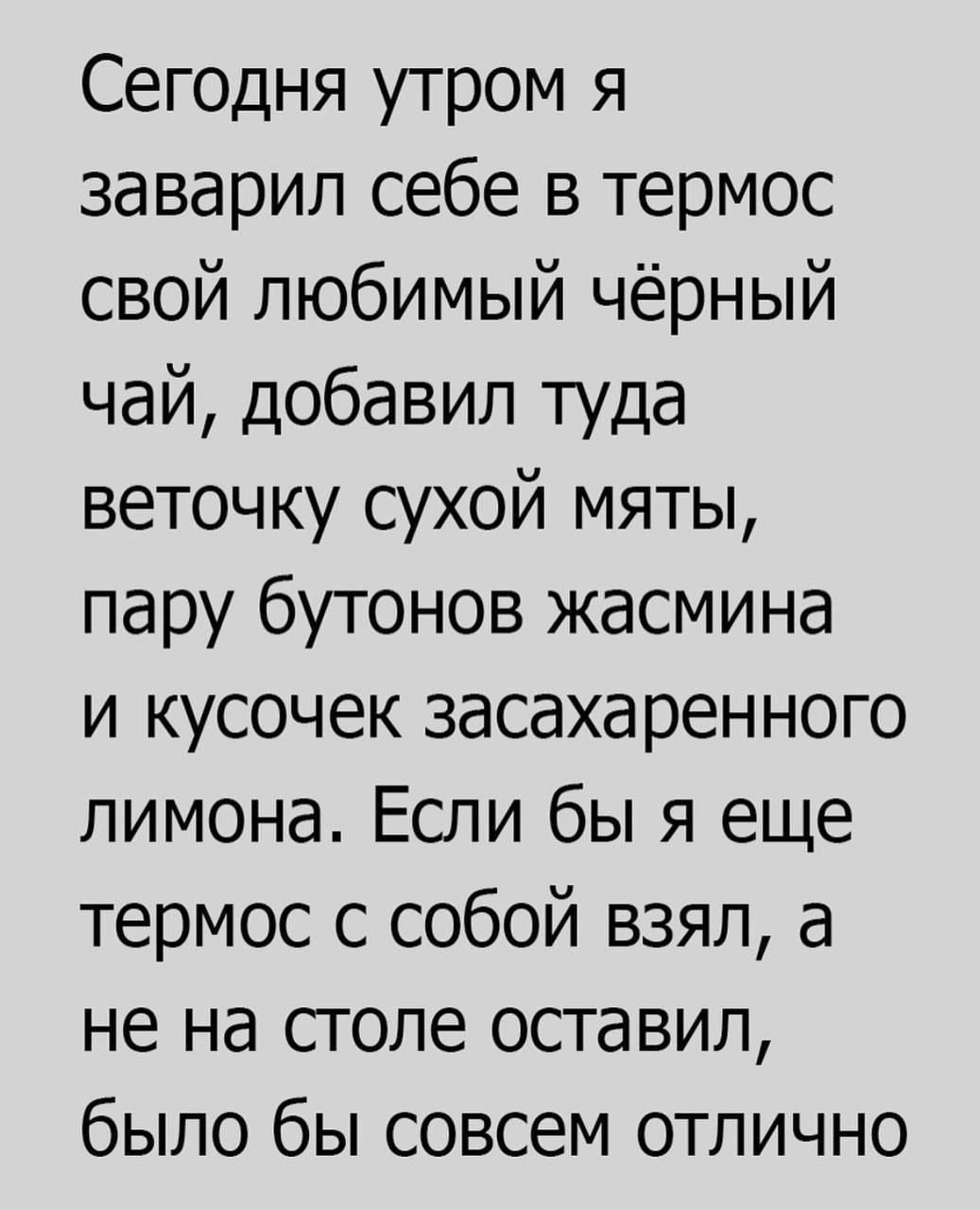 Сегодня утром я заварил себе в термос свой любимый чёрный чай добавил туда веточку сухой мяты пару бутонов жасмина и кусочек засахаренного лимона Если бы я еще термос с собой взял а не на столе оставил было бы совсем отлично