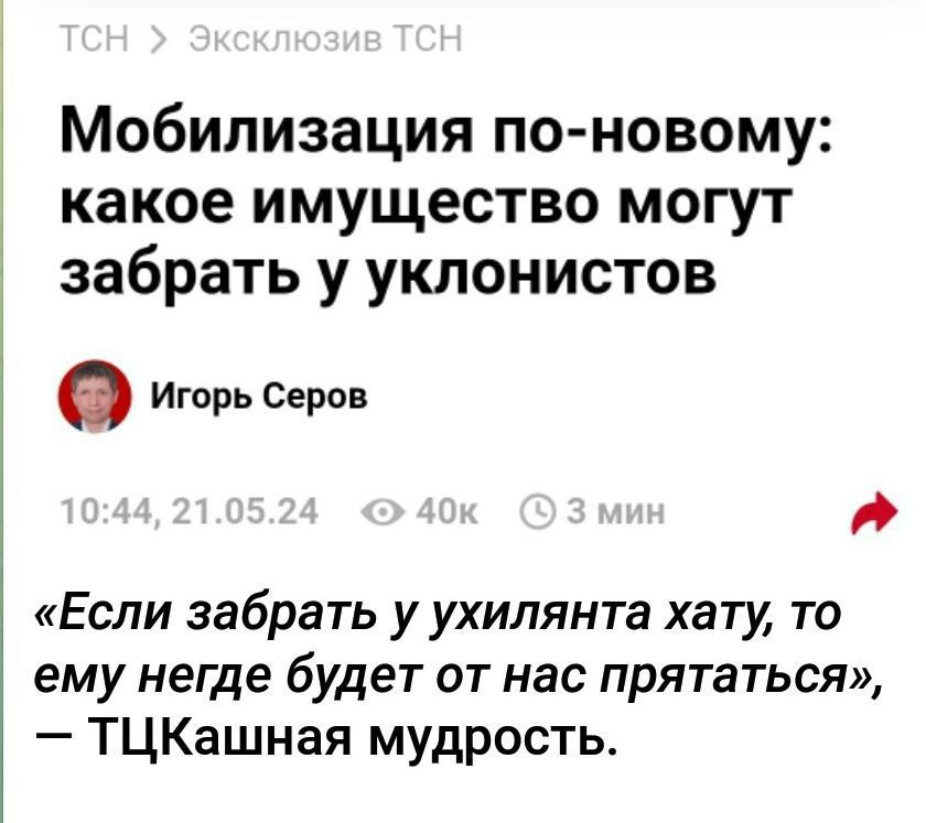 Мобилизация по новому какое имущество могут забрать у уклонистов игорь Серов Если забрать у ухилянта хату то ему негде будет от нас прятаться ТЦКашная мудрость