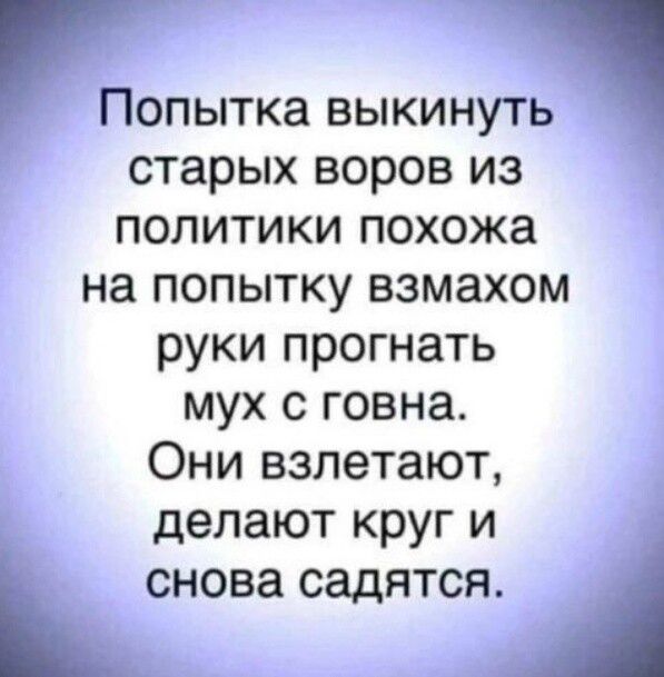 ПОПЫТКЗ ВЫКИНУТЬ старых воров из политики похожа на попытку взмахом руки прогнать мух с говна Они взлетают делают круг и снова садятся