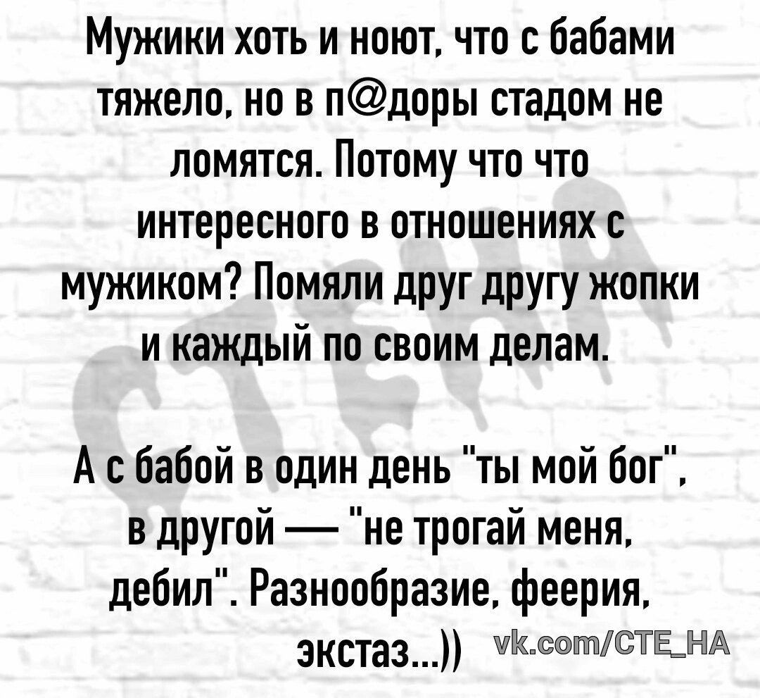 Мужики хоть и поют что с бабами тяжело но в пдоры стадом не ломятся Потому что что интересного в отношениях с мужиком Помяли друг другу жопки и каждый по своим делам А с бабой в один день ты мой бог в другой не трогай меня дебил Разнообразие феерия экстаз томатовстанд