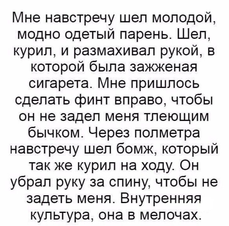 Мне навстречу шел молодой модно одетый парень Шел курил и размахивал рукой в которой была зажженая сигарета Мне пришлось сделать финт вправо чтобы он не задел меня тпеющим бычком Через полметра навстречу шел бомж который так же курил на ходу Он убрал руку за спину чтобы не задеть меня Внутренняя культура она в мелочах