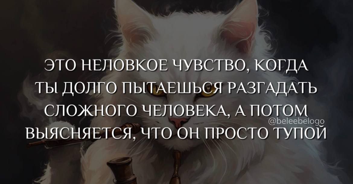 ЭТО Н ЕЛ ОВКОЕ ЧУВСТВО КО ГДА ТЫ ДОЛ ГО П ЫТАЕШЬСЯ РАЗГАДАТЬ СПОЖНОГО ЧЕЛОВЕКА А ПОТОМ Мецьес ВЫЯСНЯЕТСЯ ЧТО ОН ПРОСТО ТУПОИ