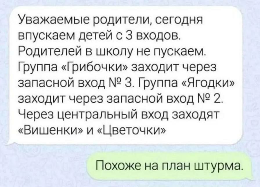 Уважаемые родители СЕГОДНЯ опускаем детей с 3 входов Родителей в школу не пускаем Группе Грибочки заходит через запасной вход 3 Группа Ягодки заходит через запасной вход 2 Через центральный вход заходят Вишенки и Цветочки Похоже на план штурма