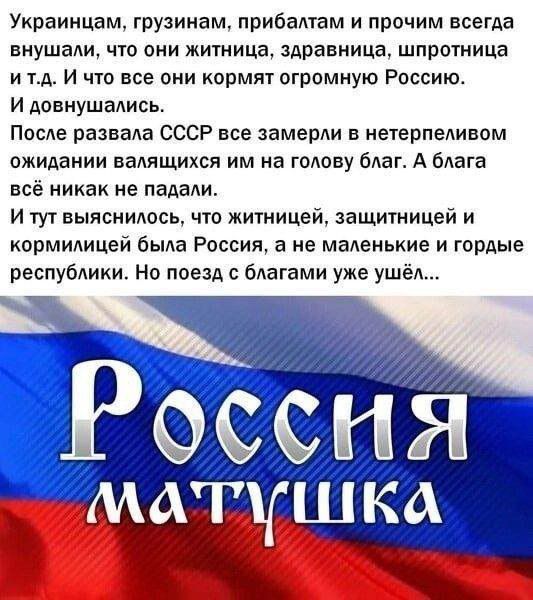 Украинцам грузинам прибалтам и прочим всегда внушали что они житица здравница шпротница и тд И чю все они корми огромную Россию И довнушадись После развала СССР все аамерли в нетерпеливом ожидании вадпщихся им на голову благ А бАага всё никак не падали И тут выяснилось чт жижницей защитницей и кормилицей была России а не маленькие и гордые республики Но поезд благами уже ушёл