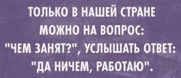 ТОЛЬКО В НАШЕЙ СТРАНЕ МОЖНО НА ВОПРОС ЧЕМ 3АНЯТ УСЛЫШАТЬ ОТВЕТ дА НИЧЕМ РАБОТАЮ