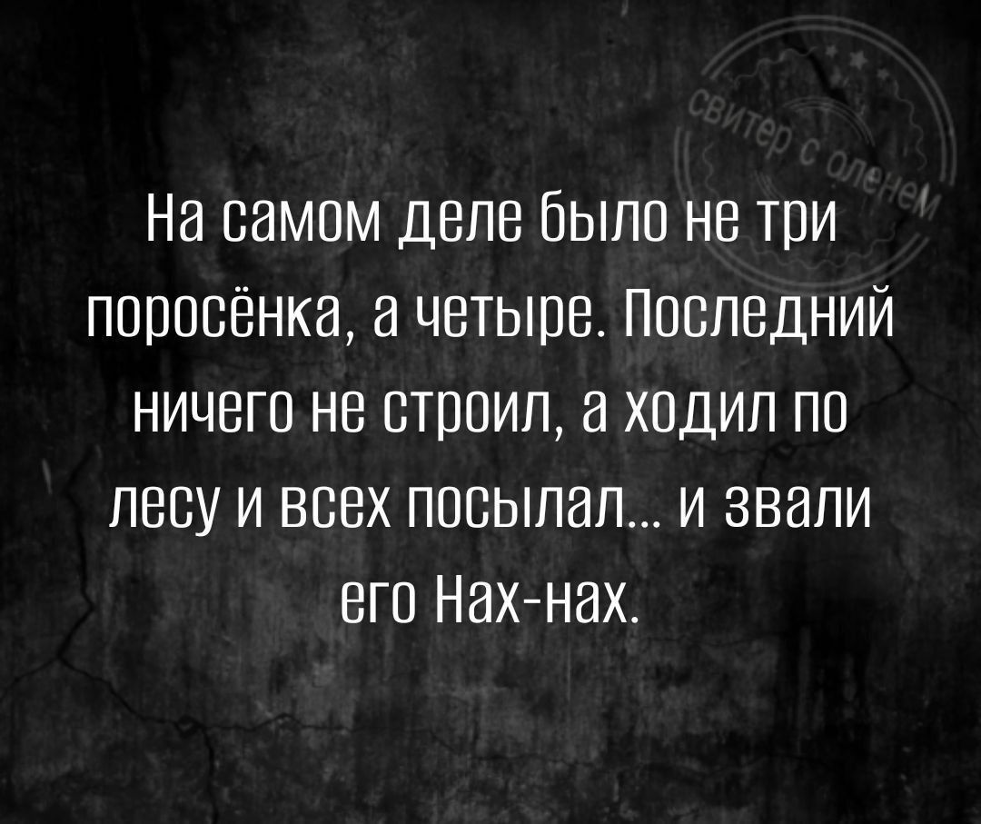 На самом деле было не три поросёнка четыре Последнии ничего не строил ходил по лесу и всех посыпал и звали его Нахнах