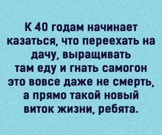 К 40 годам начинает казаться что переехать на дачу выращивать там еду и гнать самогон это вовсе даже не смерть а прямо такой новый виток жизни ребята