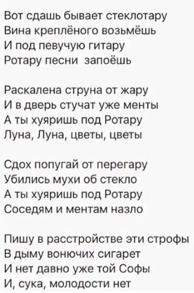 Вот сдашь бывает стеклотару Вина креплёного возьмёшь И под певучую гитару Ротару песни запоёшь Раскалена струна от жару И в дверь стучат уже менты А ты хуяришь под Ротару Луна Луна цветы цветы Сдох попугай от перегару Убились мухи об стекло А ты хуяришь под Ротару Соседям и ментам назло Пишу в расстройстве эти строфы В дыму вонючих сигарет И нет давно уже той Софы И сука молодости нет