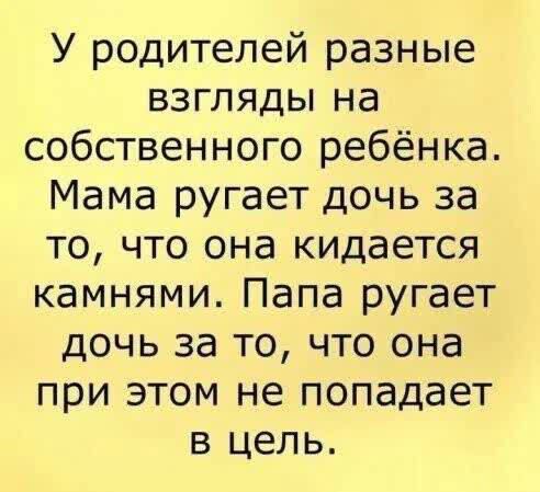 У родителей разные взгляды на собственного ребёнка Мама ругает дочь за то что она кидается камнями Папа ругает дочь за то что она при этом не попадает в цель